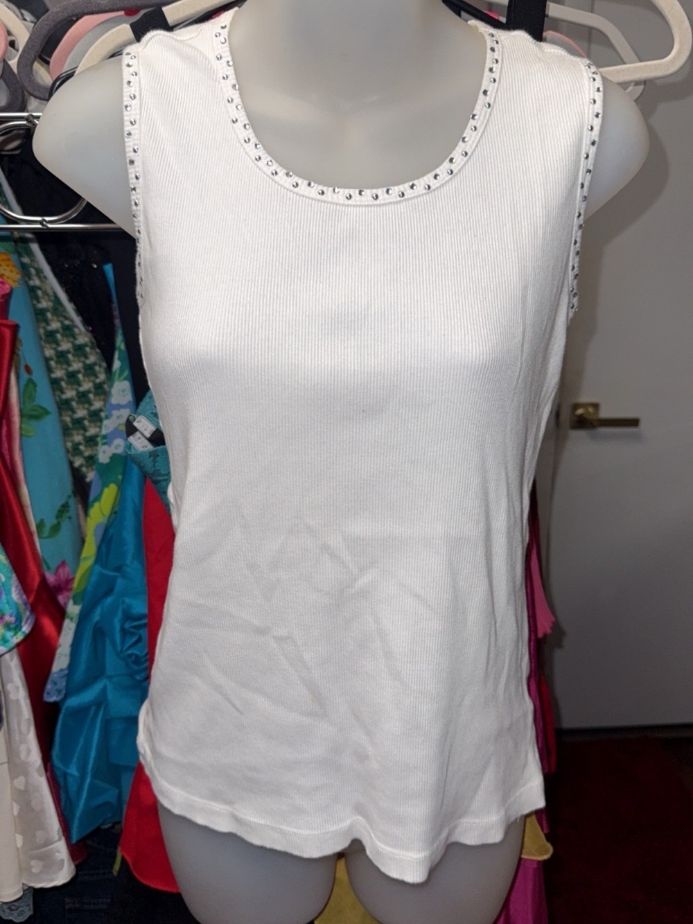 Y2K Hannah Sleeveless White Ribbed Tank with Stud Trim